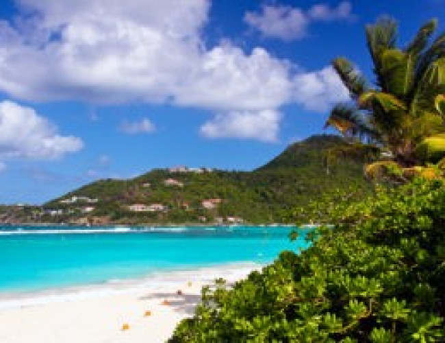 A short path leads to pristine white sand and blue water.